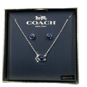 Coach Boxed Signature C Necklace & Earrings Jewelry Set Lapis Blue Stone Silver